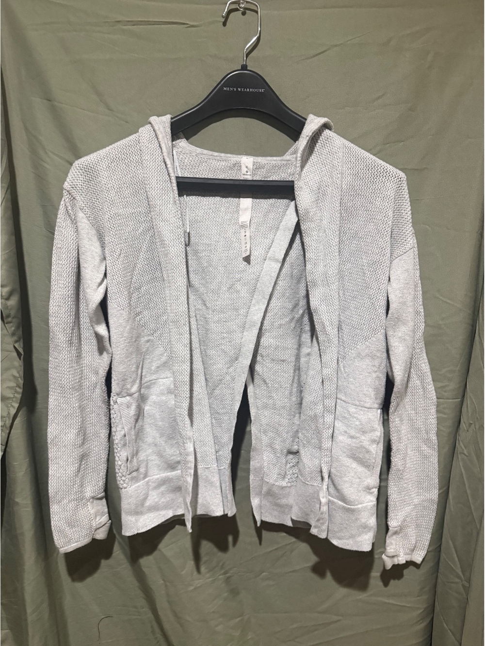 LuLuLemon Light gray hooded open front knit cardigan